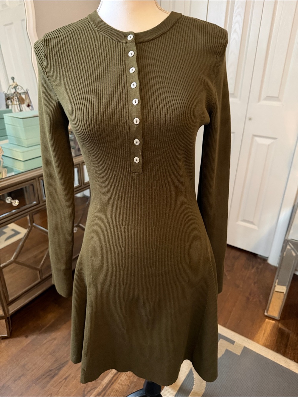 H&M Ribbed Button-Front Long Sleeve Dress Olive Green Lg ❤️